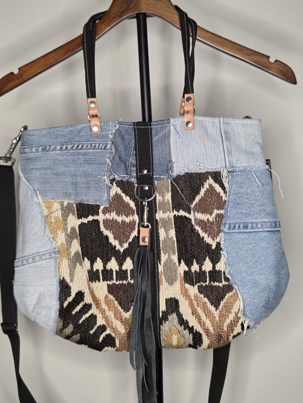 JALMODOVAR  Boho Patchwork Denim Tote Bag with Tassel - Picture 3 of 5